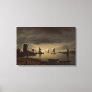 Dutch River Scene with Windmill by van Borssom Canvas Print