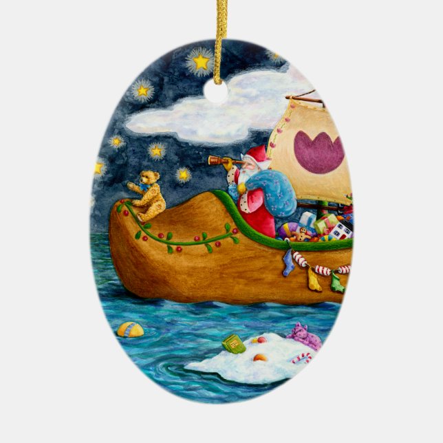 DUTCH SHOE SANTA SHIP, ICEBERGS, WHALE, TEDDY BEAR CERAMIC ORNAMENT (Front)