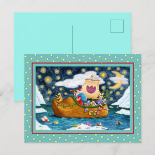 DUTCH SHOE SANTA SHIP, ICEBERGS, WHALE, TEDDY BEAR HOLIDAY POSTCARD