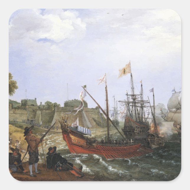 Dutch Squadron attacking a Spanish Fortress Square Sticker (Front)