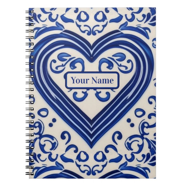 Dutch Tile - Blue & White Painted Heart - add text Notebook (Front)