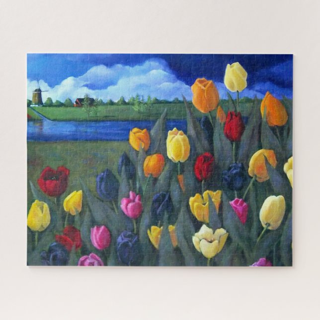 Dutch Tulips Painting and Windmill, Netherlands  Jigsaw Puzzle (Horizontal)
