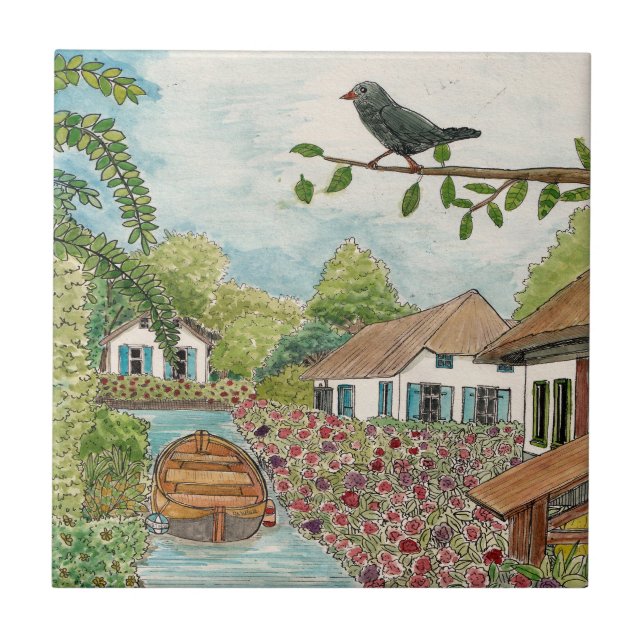 Dutch Venice Giethoorn Netherlands Ink Watercolor Tile (Front)