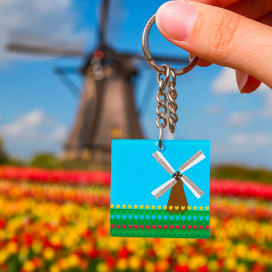 Dutch Windmill and Colorful Tulip Field Keychain