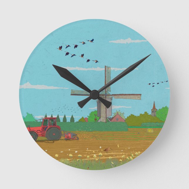 Dutch Windmill Countryside Landscape Netherland Round Clock (Front)