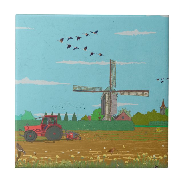 Dutch Windmill Countryside Landscape Netherland Tile (Front)