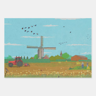 Dutch Windmill Countryside Landscape Netherland Wrapping Paper Sheet