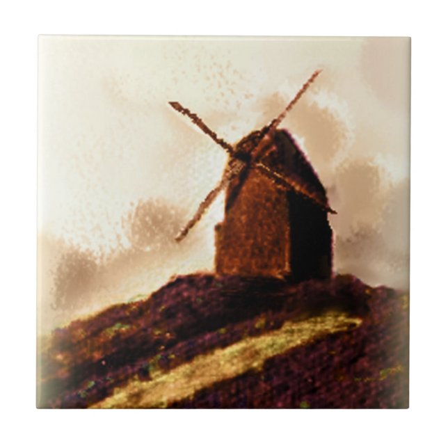 Dutch Windmill Sepia Painting Tile (Front)