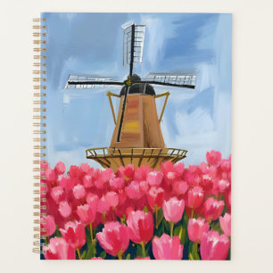 Dutch Windmill Tulip Flower Field Watercolor Planner