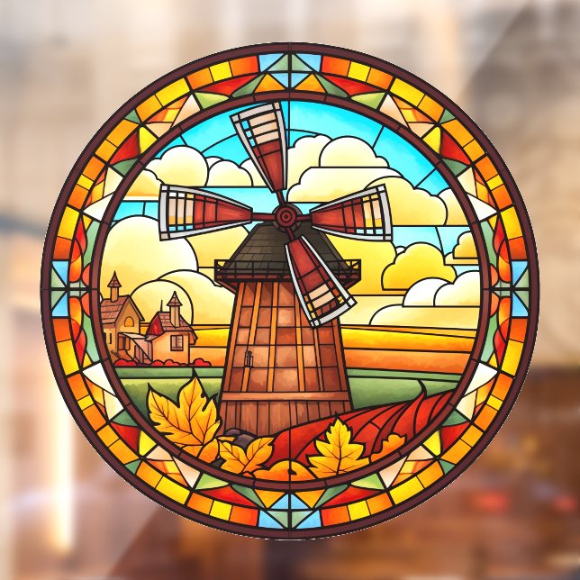 Dutch Windmill With Village Faux Stained Glass Window Cling (Sheet 2)