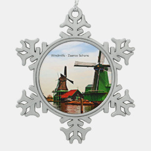 Dutch Windmills, Zaanse Schans, Holland,  Snowflake Pewter Christmas Ornament