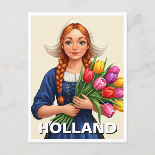 Dutch Woman Tulips Holland Netherlands Postcard