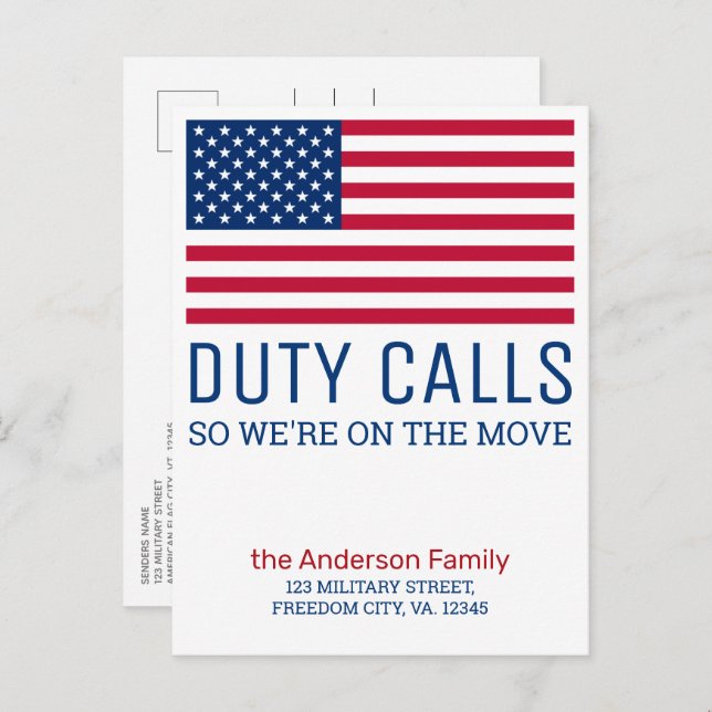 Duty Calls Military Moving PCS Move Weve Moved Announcement Postcard (Front/Back)