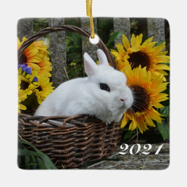Dwarf Hotot Bunny Rabbit with Sunflowers Ceramic Ornament (Front)