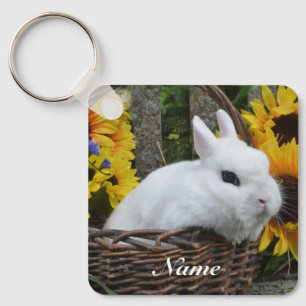 Dwarf Hotot Bunny Rabbit with Sunflowers Keychain