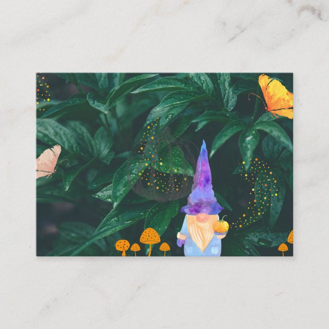 Dwarf with pumpkin and magic mushrooms and butterf business card (Front)