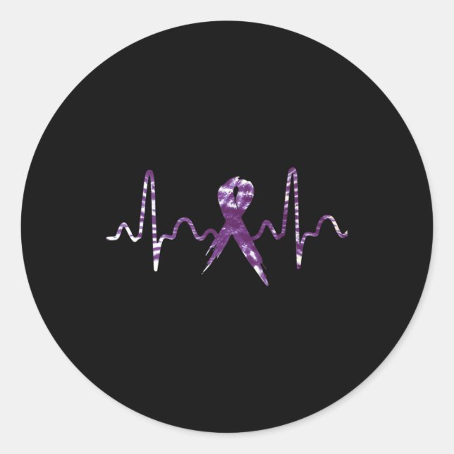 Dye Overdose Awareness Purple Ribbon Heartbeat  Classic Round Sticker (Front)