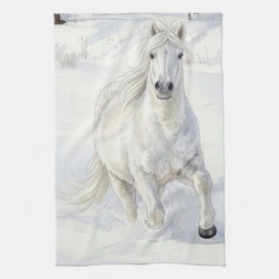 Dyfra the Icelandic Horse Galloping in Snow Kitchen Towel