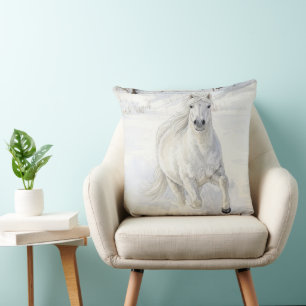 Dyfra the Icelandic Horse Galloping in Snow Throw Pillow