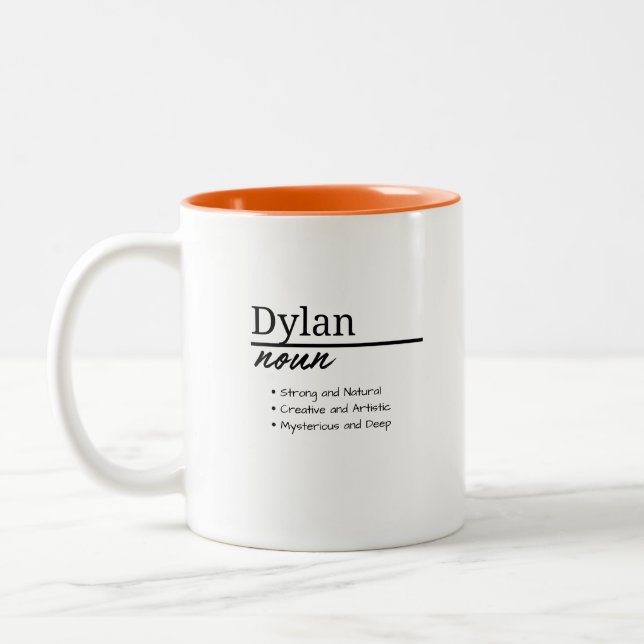 Dylan, Boy Personalized Name Definition Two-Tone Coffee Mug (Left)