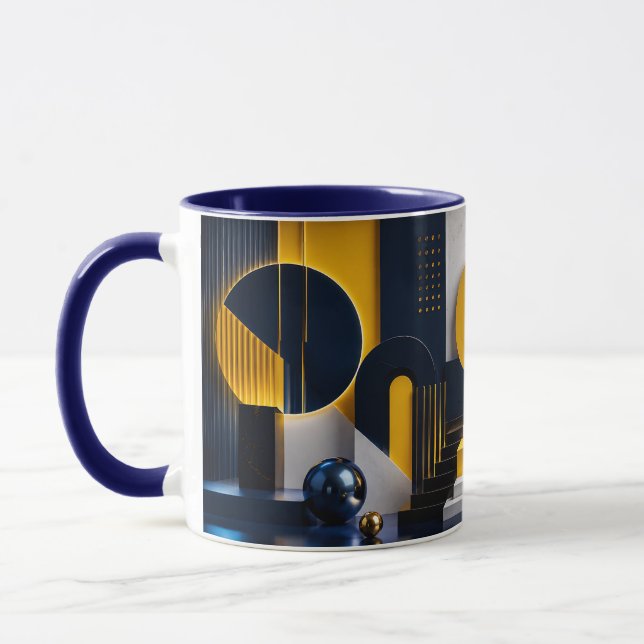 Dynamic Abstract Art with Navy, Gold, and Marble Mug (Left)