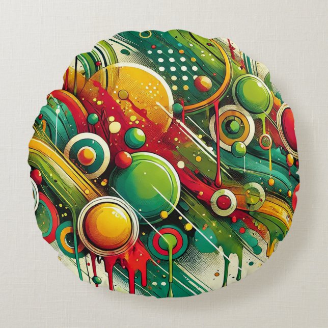 Dynamic Abstract Artwork with Colourful Circles Round Pillow (Front)