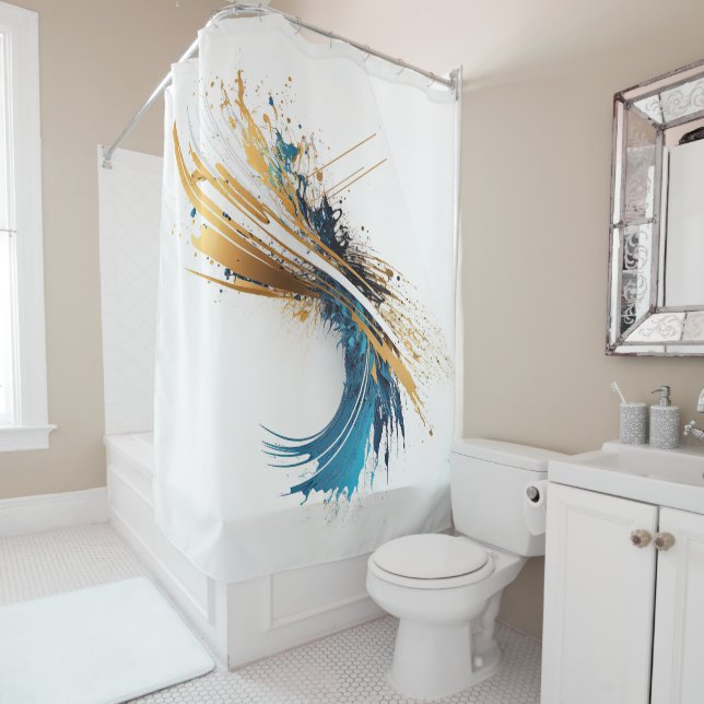 Dynamic Abstract Splash White Teal Gold Tablecloth (In Situ)