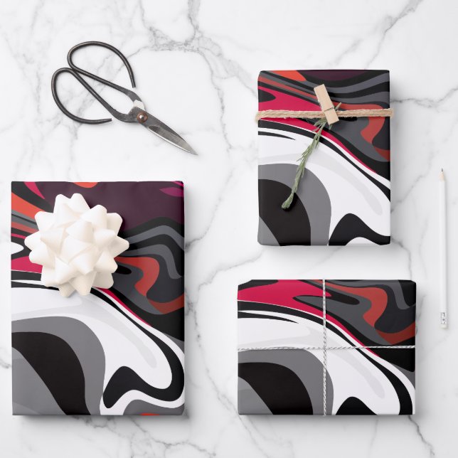 Dynamic Abstract Swirl of Red, Black, white & Grey Wrapping Paper Sheet (Front)