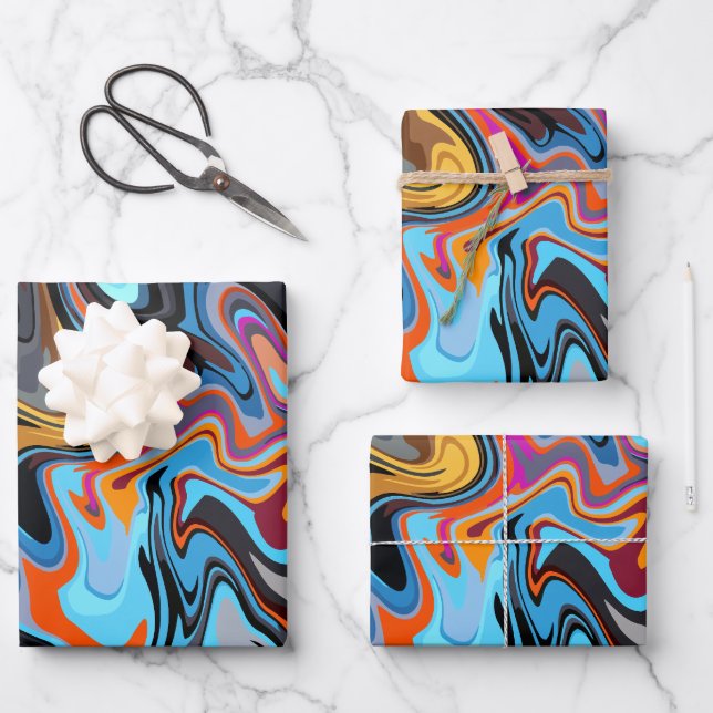 Dynamic Abstract Swirls with Blue, Orange, & Black Wrapping Paper Sheet (Front)