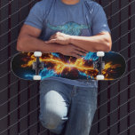 Dynamic Blue Orange Energy Clash Flame Skateboard<br><div class="desc">Hit the streets or the skatepark with unmatched style on this dynamic energy clash skateboard deck. The vertical orientation of the board is the perfect canvas for this explosive abstract artwork. The design features a high-impact collision of electric blue plasma and scorching golden fire, creating a visual representation of raw...</div>