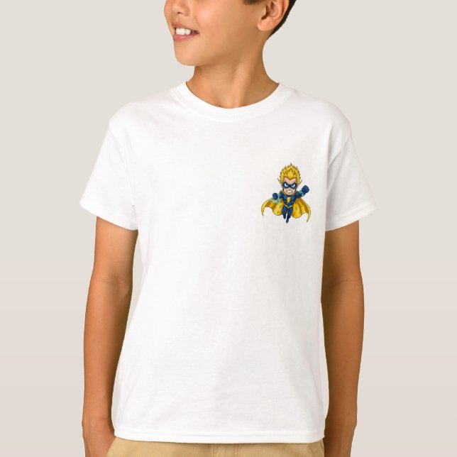 Dynamic Cartoon Superhero Boy Flying T-Shirt (Front)