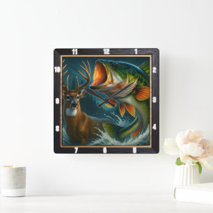 Dynamic Deer and Bass Square Wall Clock