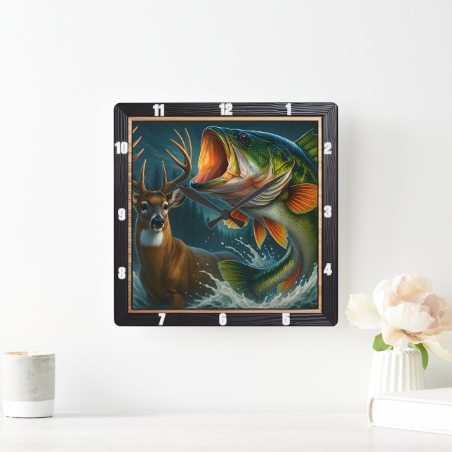 Dynamic Deer and Bass Square Wall Clock (Home)