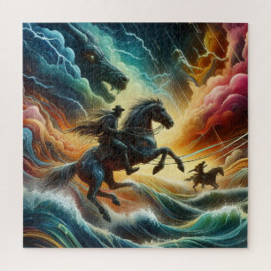 Dynamic Duo: Stormy Horseback Adventure Jigsaw Puzzle