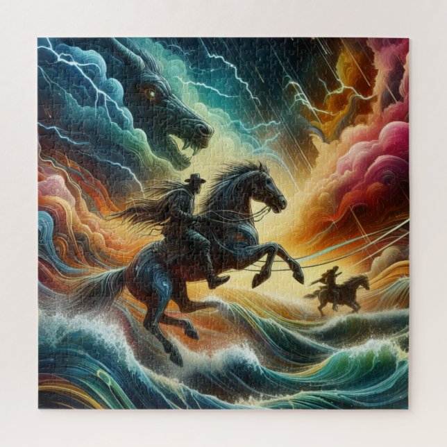 Dynamic Duo: Stormy Horseback Adventure Jigsaw Puzzle (Vertical)