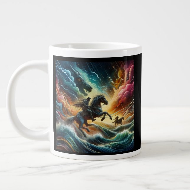 Dynamic Duo: Stormy Horseback Adventure Large Coffee Mug (Left)