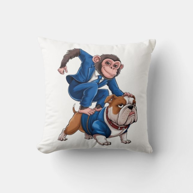 Dynamic Duo: The Monkey and the Bulldog in Style Throw Pillow (Front)
