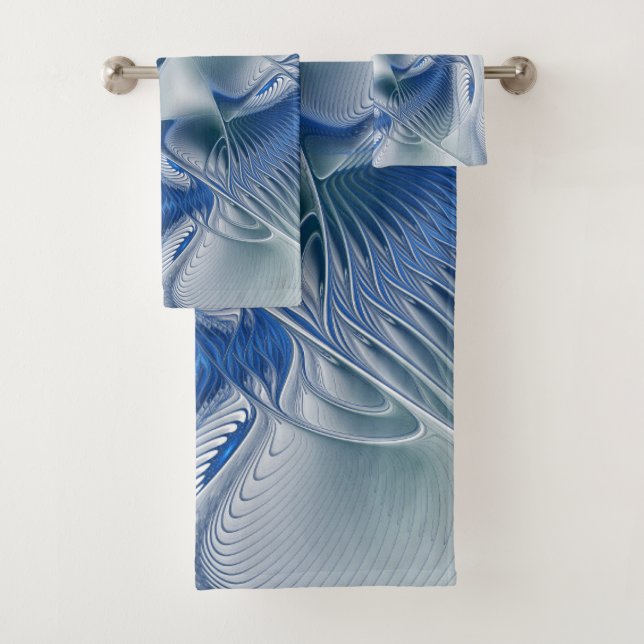 Dynamic Fantasy Abstract Blue Tones Fractal Art Bath Towel Set (Insitu)