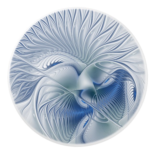 Dynamic Fantasy Abstract Blue Tones Fractal Art Ceramic Knob (Front)