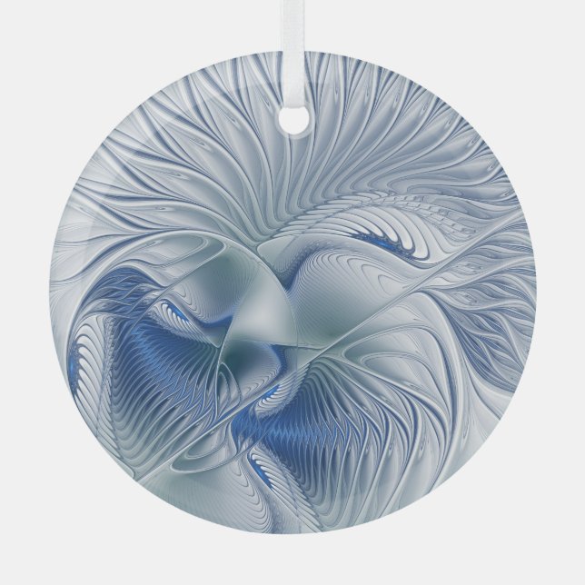 Dynamic Fantasy Abstract Blue Tones Fractal Art Glass Ornament (Front)