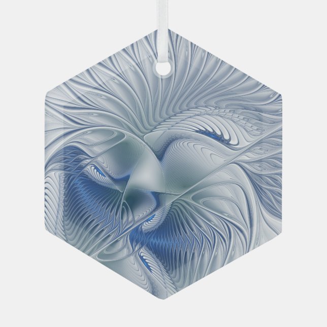 Dynamic Fantasy Abstract Blue Tones Fractal Art Glass Ornament (Front)