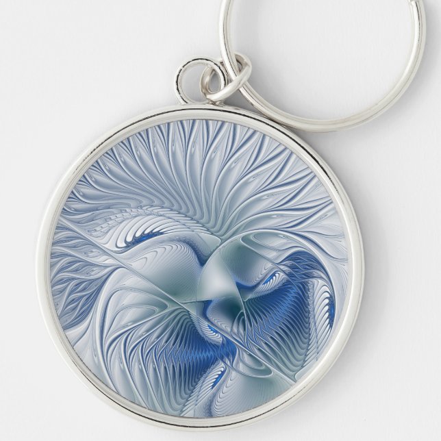 Dynamic Fantasy Abstract Blue Tones Fractal Art Keychain (Front)