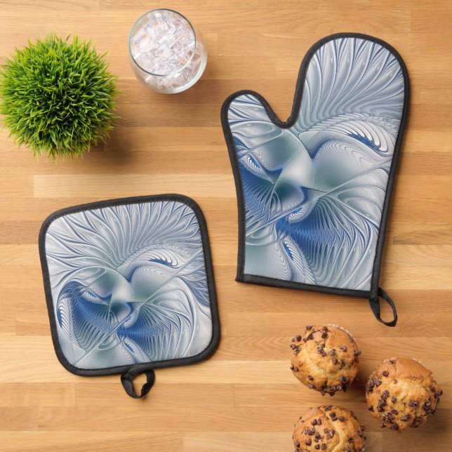 Dynamic Fantasy Abstract Blue Tones Fractal Art Oven Mitt & Pot Holder Set (Top Down)