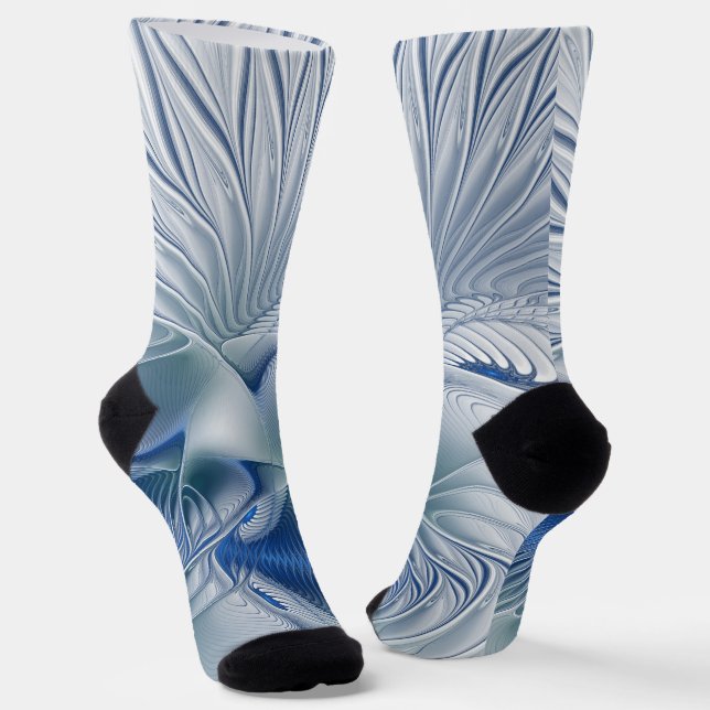 Dynamic Fantasy Abstract Blue Tones Fractal Art Socks (Angled)