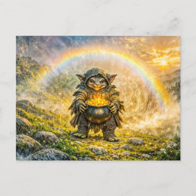 Dynamic Fantasy Goblin with Rainbow Gold Pot Postcard (Front)