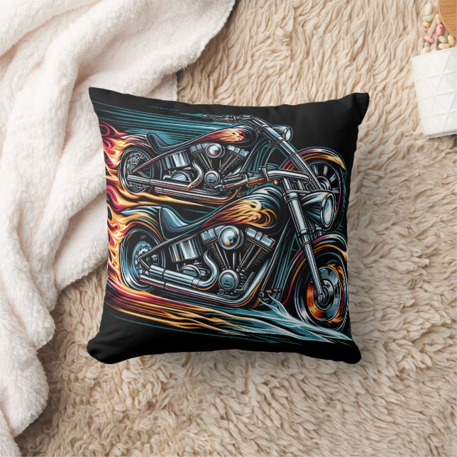 Dynamic fiery motorcycle racing through the night throw pillow (Blanket)