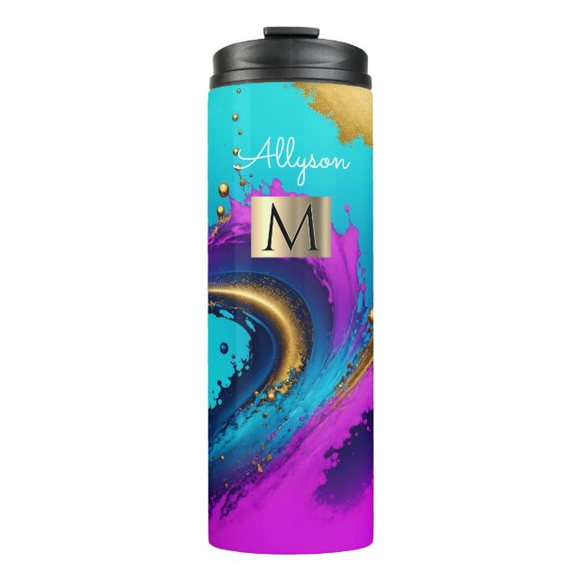 Dynamic Liquid Abstract, Name & Monogram Thermal Tumbler (Front)