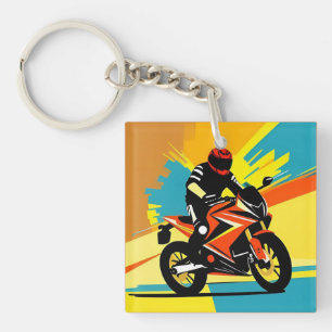 Dynamic Motorbike Illustration with Rider Keychain