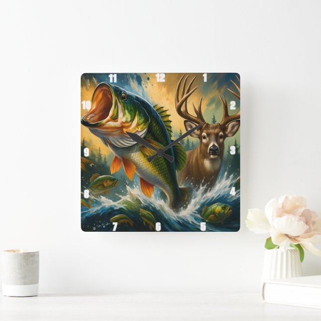 Dynamic Nature Bass And Deer Square Wall Clock (Home)