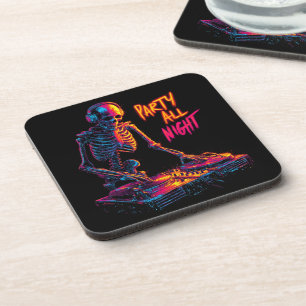 Dynamic Neon-Coloured Skeleton DJ Spinning Records Coaster